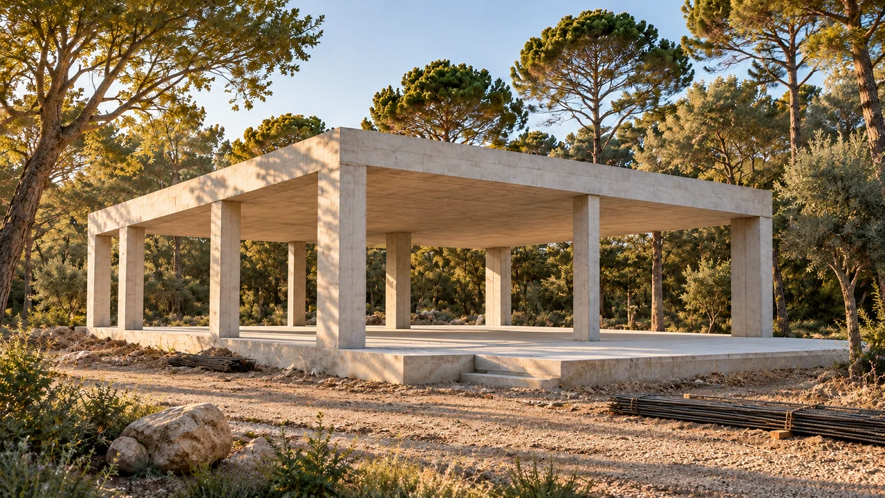 Casa conceptual en fase de estructura, imagen generada con IA